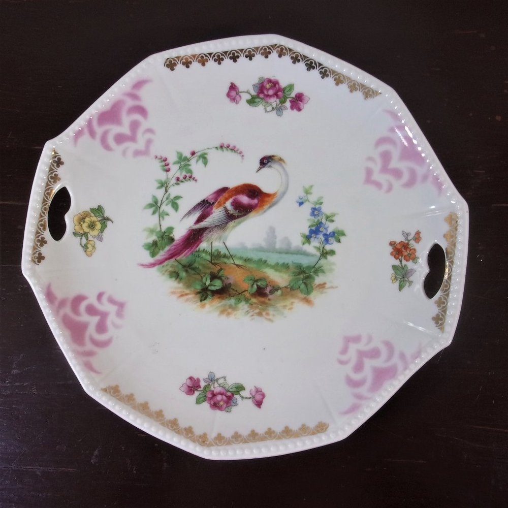 Octagonal handled cake plate OG by Otto Grunert of Kahla Porcelain Germany